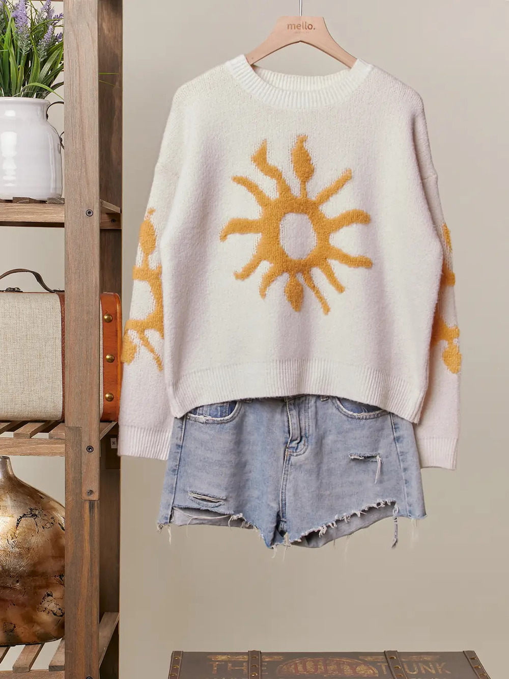 MT-40635 | Mello Bold Yellow Sun Patch Cozy Knit Sweater |  Various Sizes S-L